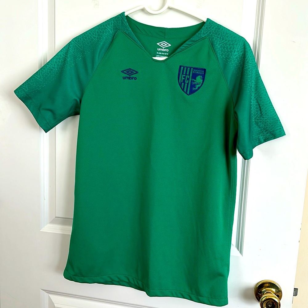 Boys green Umbro FC Manchester soccer shirt